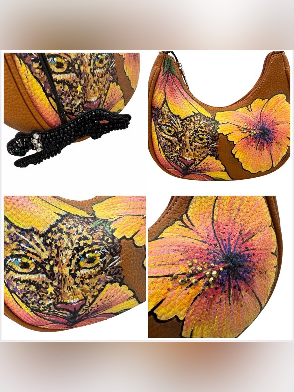 Unbranded Hand Painted Faux Leather‎ Leopard floral Design Shoulder Bag - Picture 4 of 10